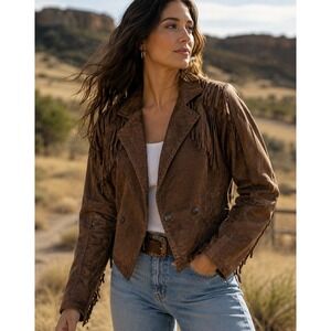 Chia Vintage Brown Leather Fringe Cropped Western Biker Cowgirl Chic Jacket S